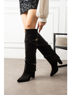Shoetek Yavo Kadın Çizme Körüklü Çapraz Kemerli Tokalı Siyah Süet
