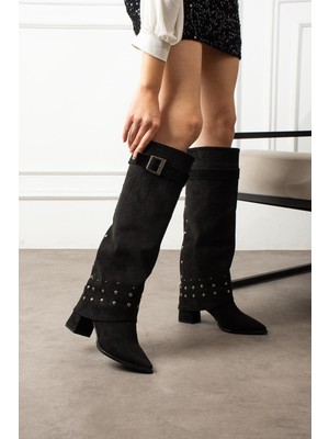 Shoetek Lurt Kadın Çizme Körüklü Kemer Tokalı Pimli Siyah Süet