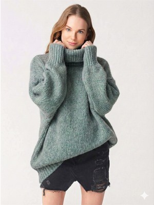 Ribana Classic Kadın Büyük Beden Balıkçı Yaka Geniş Kesim Oversize Boğazlı Triko Kazak 5078