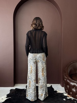 Cemo Leopar Desenli Payetli Wide-Leg Pantolon