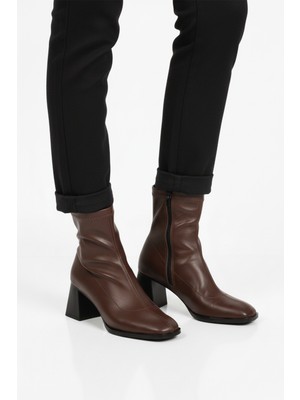 Ayakmod Kahve Polarlı Fermuarlı Streç Kadın Topuklu Bot 2615 Z