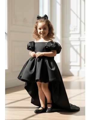 Bertuğ Bebek Kuyruklu İncili Kol Kız Çocuk Abiye Saten Siyah Elbise