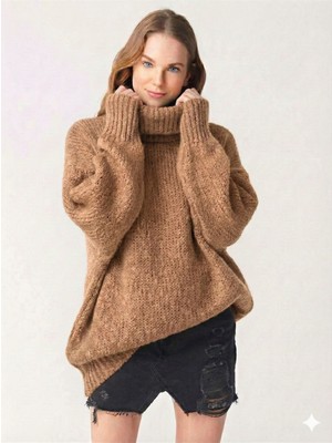 Ribana Classic Kadın Büyük Beden Balıkçı Yaka Geniş Kesim Oversize Boğazlı Triko Kazak 5078