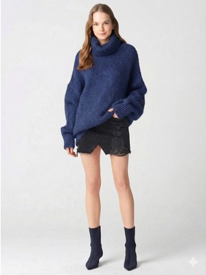 Ribana Classic Kadın Büyük Beden Balıkçı Yaka Geniş Kesim Oversize Boğazlı Triko Kazak 5078