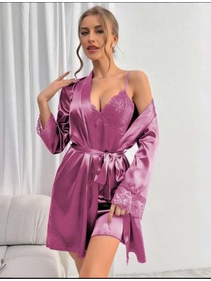 Çamaşır Kenti Dantel Işlemeli Ince Askılı Lila 2'li Saten Gecelik Sabahlık Takımı