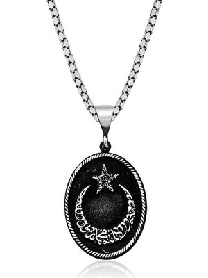 Skygo 925 Ayar Gümüş Kelime-i Tevhid Yazılı Ay Yıldız Erkek kolye