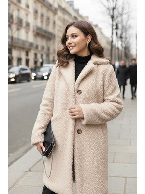 Hiramir Kadın Bej Peluş Düğmeli Mont Regular Fit Sıcak Tutan Özellikli KS2531