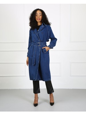 Twister Trench J70-01 Dark Blue Belden Kuşaklı Kadın Denim Trençkot Mavi