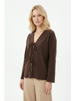 Rays 3072A Ön Bağlamalı Uzun Kimono Kahve