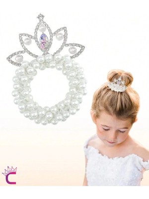 Cinderella Su Damlası Kristal Taşlı Incili Kız Çocuk Prenses Tacı Lastikli Topuz Tokası - Parti Doğum Günü Taç