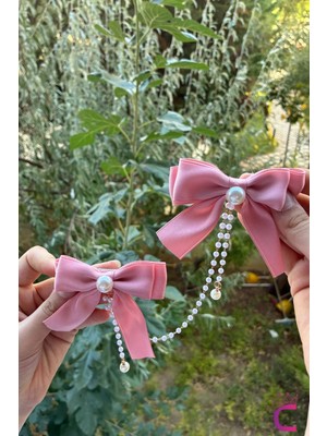 Cinderella İnci Detaylı 2'li Pembe Fiyonk Pens Toka Seti Tek Ebat Zarif Kız Çocuk Saç Aksesuarı