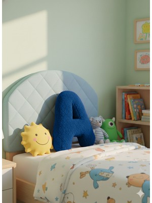 Puff Table Peluş A Harf Yastık , Dekoratif Kırlent , Koyu Mavi Teddy Kumaş, Büyük Boy 50 cm