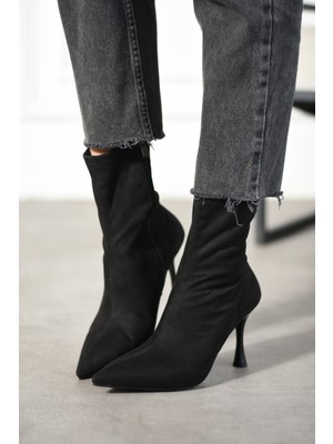 Dabab Shoes Kadın Marya Siyah Süet Streç Cilt Yandan Fermuar Sivri Burun Ince Topuklu Bot