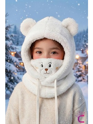 Cinderella Sevimli Ayıcıklı Yumuşak Peluş Bere Boyunluklu Şapka Atkı Bir Arada Beyaz 3-12 Yaş Kışlık Hediyelik