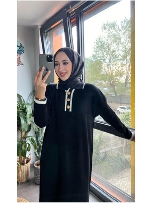 Düğme Detaylı Uzun Kollu Triko Elbise