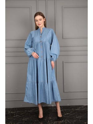 Geniş Kollu Fırfırlı Kot Elbise