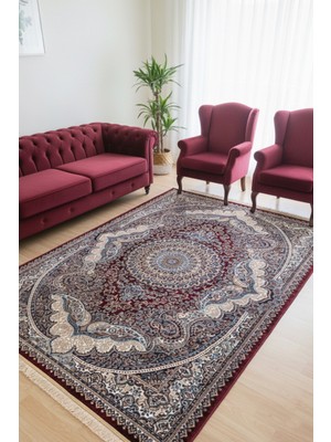Ipek Antik Salon Halısı Oturma Odası Halısı 6m² Klasik Çerçeveli Göbekli Desen Kaymaz Deri Tabanlı Dokuma Halı