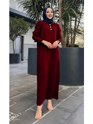 Düğme Detaylı Uzun Kollu Triko Elbise