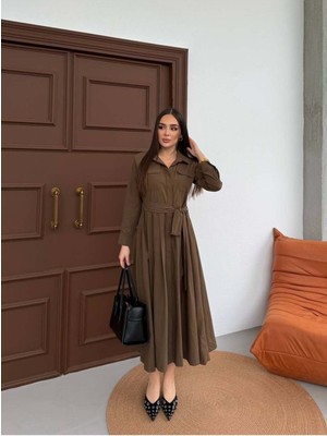 Kuşak Detaylı Gömlek Elbise