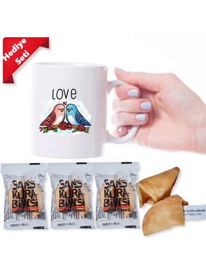 E-Hediyeci Love Tasarımlı Sevimli Kupa Bardak ve 3 Adet Sürpriz Mesajlı Şans Kurabiyesi -S18 Sevgiliye Hediye, Sevgilile Günü Hediyesi, Romantik Hediye Seti