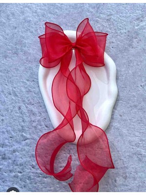 Twinroots Şifon Uzun Kırmızı Fiyonk Klipsli Toka