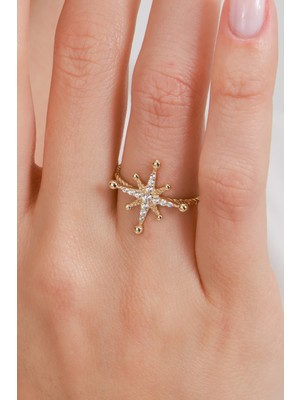 Oroline Kuyumculuk 14 Ayar Yıldız Desenli Altın Şık Kadın Altın Yüzük