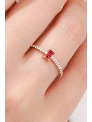 Oroline Kuyumculuk 14 Ayar Kırmızı Taşlı Şık Minimal Kadın Altın Yüzük