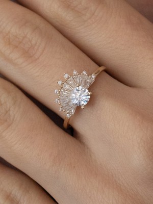 Oroline Kuyumculuk 8 Ayar Baget Taşlı Şık Kadın Yelpaze Desenli Altın Yüzük