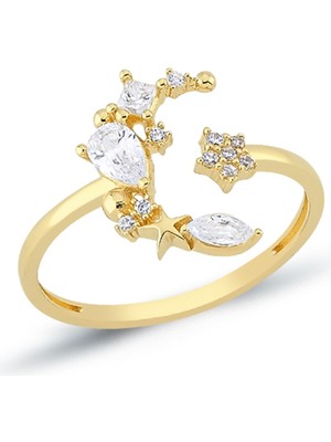 Oroline Kuyumculuk 14 Ayar Ay Yıldız Motifli Baget Taşlı Şık Kadın Altın Yüzük