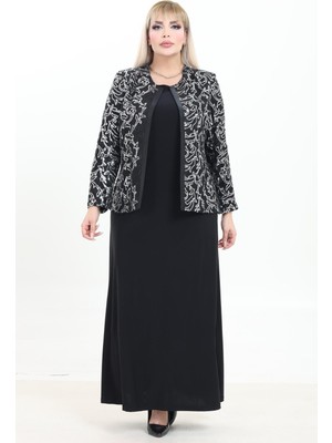 Ladies First Büyük Beden 4027 Siyah Gümüş Ceket+Elbise Takım