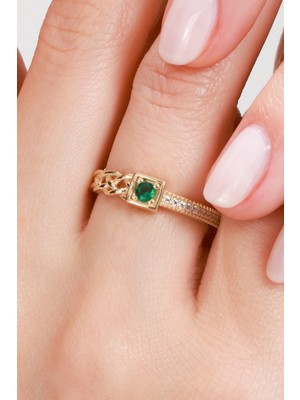 Oroline Kuyumculuk 14 Ayar Yeşil Taşlı Modern Dokunuşlu Kadın Altın Yüzük