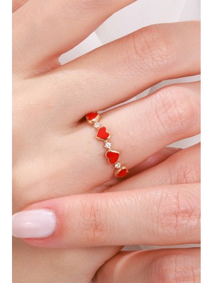 Oroline Kuyumculuk 8 Ayar Sıralı Kalp Desenli Mineli Şık Minimal Kadın Altın Eklem Yüzük