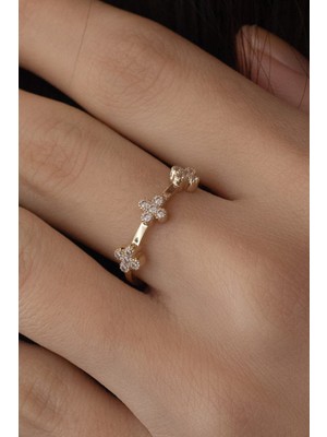 Oroline Kuyumculuk 14 Ayar Çiçek Desenli Taşlı Minimal Kadın Altın Yüzük