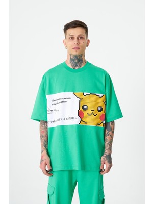 Machinist Erkek Pikachu Baskılı Oversize Tişört Elektrik Yeşili