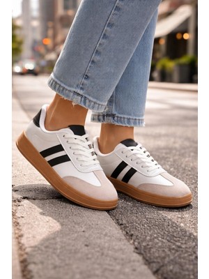 ModaOnn Kadın Günlük Spor Ayakkabı – Siyah Çift Şeritli, Taba Taban, Rahat ve Şık Tasarım