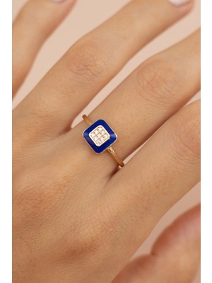 Oroline Kuyumculuk 14 Ayar Lacivert Mineli Kare Tasarım Kadın Altın Yüzük