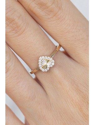 Oroline Kuyumculuk 14 Ayar Taşlı Kalp Desenli Kalemli Minimal Kadın Altın Yüzük