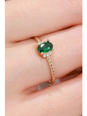 Oroline Kuyumculuk 14 Ayar Yeşil Taşlı Altın Kadın Yüzük