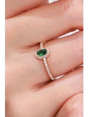 Oroline Kuyumculuk 14 Ayar Yeşil Taşlı Minimal Kadın Altın Eklem Yüzük