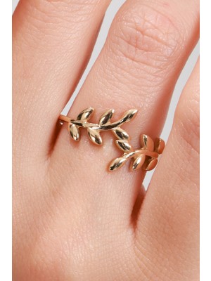 Oroline Kuyumculuk 14 Ayar Yaprak Desenli Taşsız Minimal Altın Kadın Yüzük