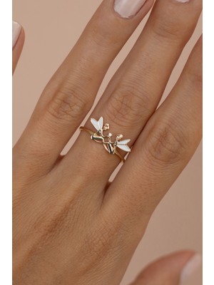 Oroline Kuyumculuk 8 Ayar Melek Desenli Mineli Kadın Mininmal Altın Yüzük