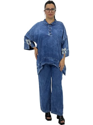 Zanessi Büyük Beden Denim Tensel Inci Boncuk Işlemeli Kapri Kol Yarım Düğme Detaylı Kadın Takım