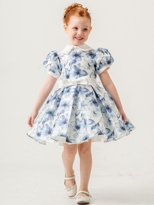 Baby Hola Kız Çocuk Abiye Elbise Balo&Özel Gün Çiçek Desenli Gömlek Yakalı Fiyonk Detaylı 4-8 Yaş Babyhola