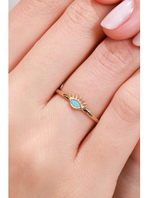 Oroline Kuyumculuk 14 Ayar Firuze Taşlı Göz Desenli Minimal Altın Kadın Yüzük