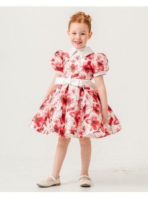 Baby Hola Kız Çocuk Abiye Elbise Balo&Özel Gün Çiçek Desenli Gömlek Yakalı Fiyonk Detaylı 4-8 Yaş Babyhola