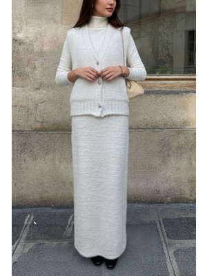 Newco Düğmeli Yelek ve Etek, Yumuşak Dokulu Akrilik Sakal Kar Beyaz