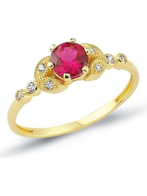 Oroline Kuyumculuk 14 Ayar Kırmızı Taşlı Şık Kadın Altın Yüzük