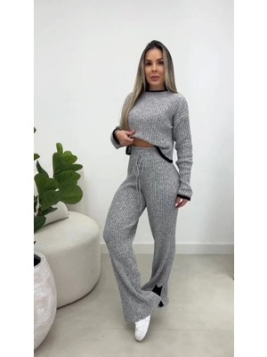Kadın Uzun Kollu Bisiklet Yaka Kısa Trıko Bluz ve Pantolon Ikili Takım