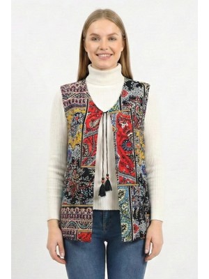 Eliş Şile Bezi Kolsuz Tuğba Çift Taraflı Otantik Kısa Pazen Kışlık Yelek Siyah Syh