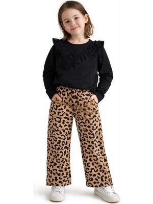 Rapapa Kız Çocuk Siyah Fırfır Detaylı Üst & Leopar Desenli Pantolon Takımı –13312